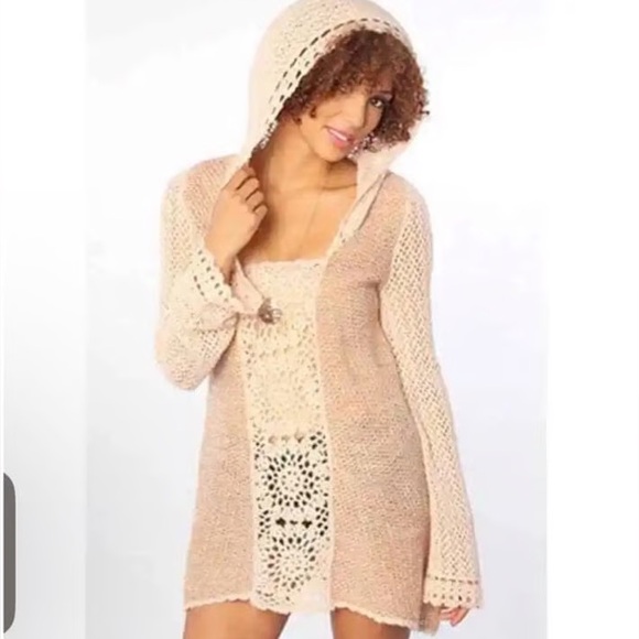 Free People Merci Hooded Wool Blend Crochet Tunic Sweater Size M Boho Festival - Picture 2 of 15